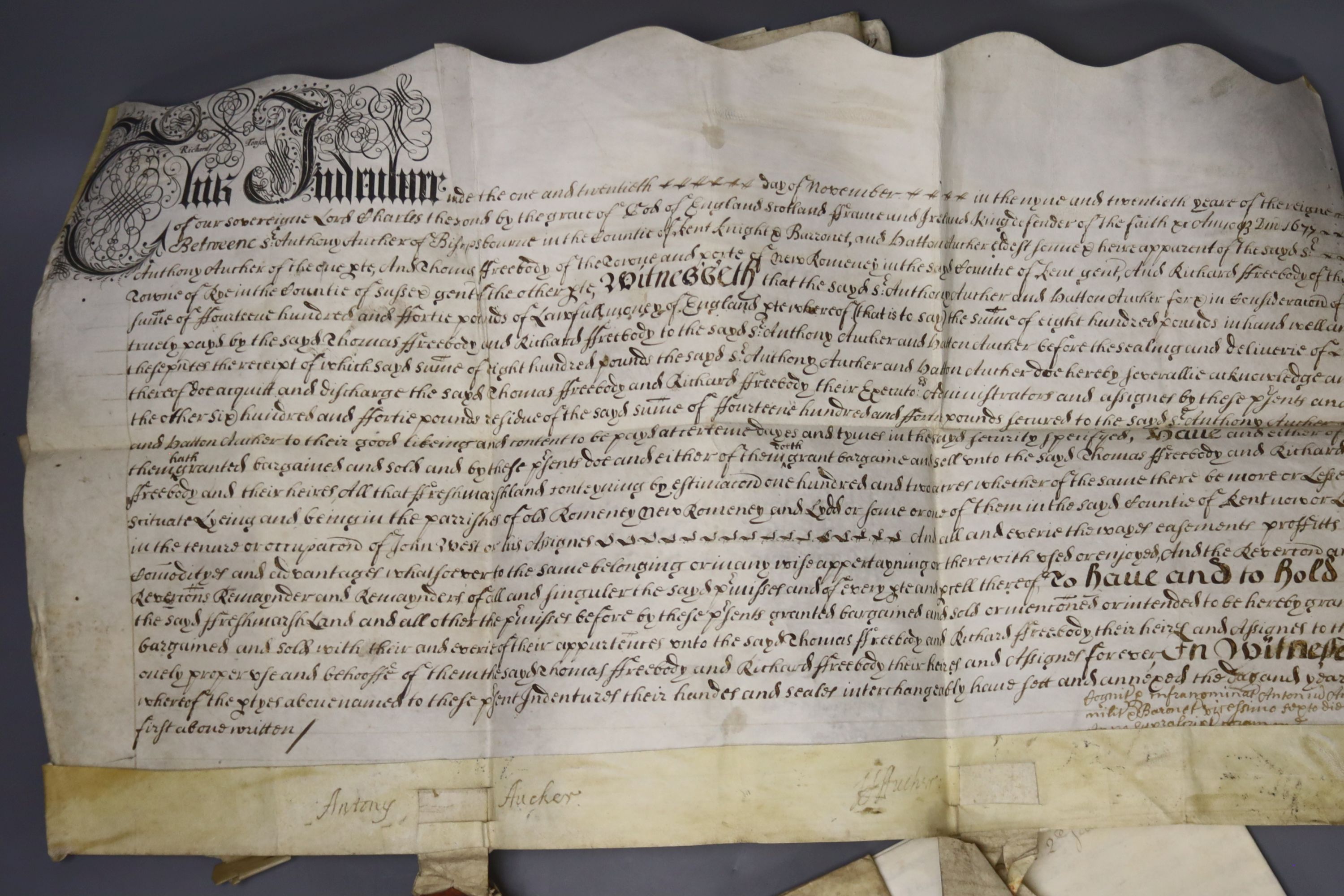 Romney/New Romney indentures and leases including two dated 1660, 1677, 1735, 1795, 1800, 1822, 1841 etc